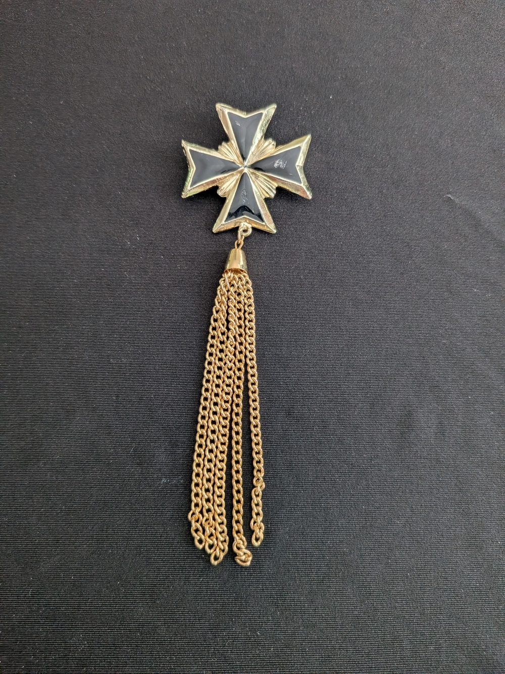 Vintage 1980s Gold and Black Maltese Cross Tassel Brooch - Unisex Jewelry